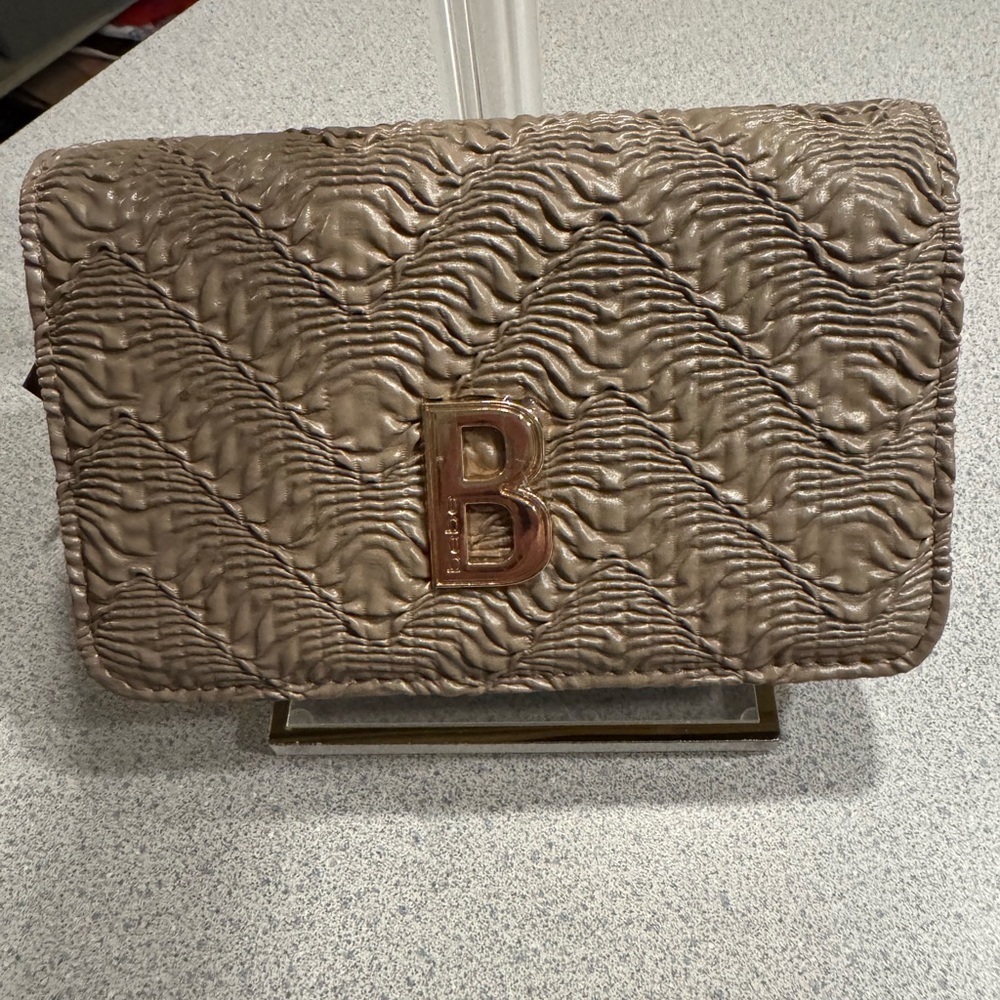 Bebe Taupe Quilted Clutch w cross body chain